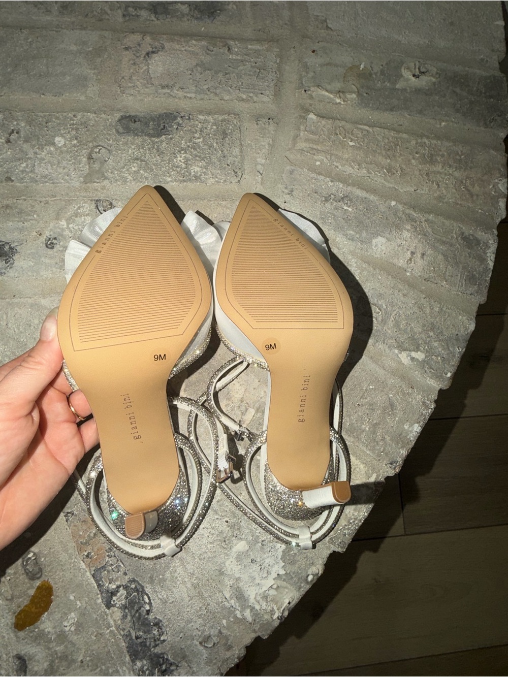 Gianni Bini White Satin Pointed-Toe Heels with Crystal Bow and Ankle Wrap - Picture 5 of 6